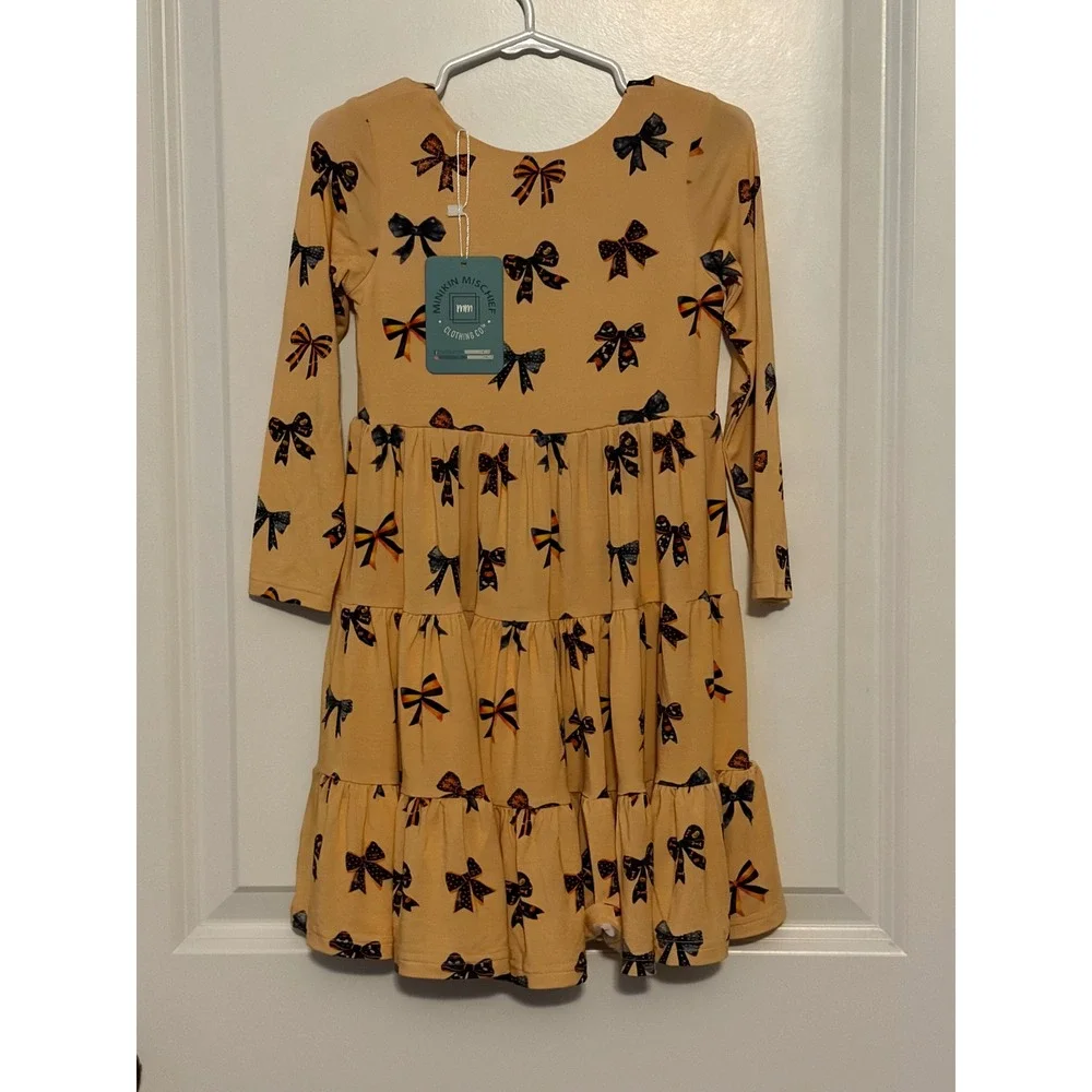 Minikin Mischief Girls 3T Yellow Bow Print Bamboo Viscose Tiered Twirl Dress NWT